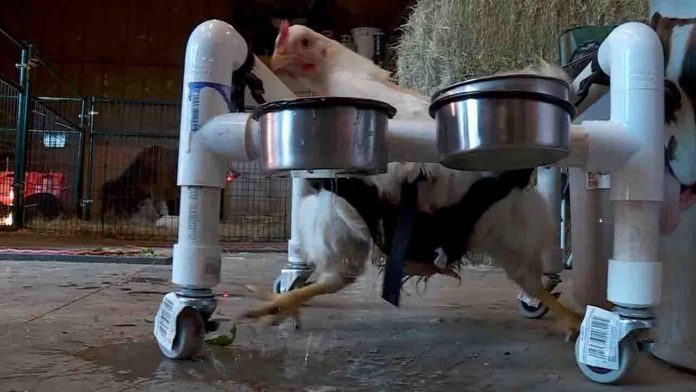 Chicken fitted with ‘wheelchair’ so it can walk (Photo)
